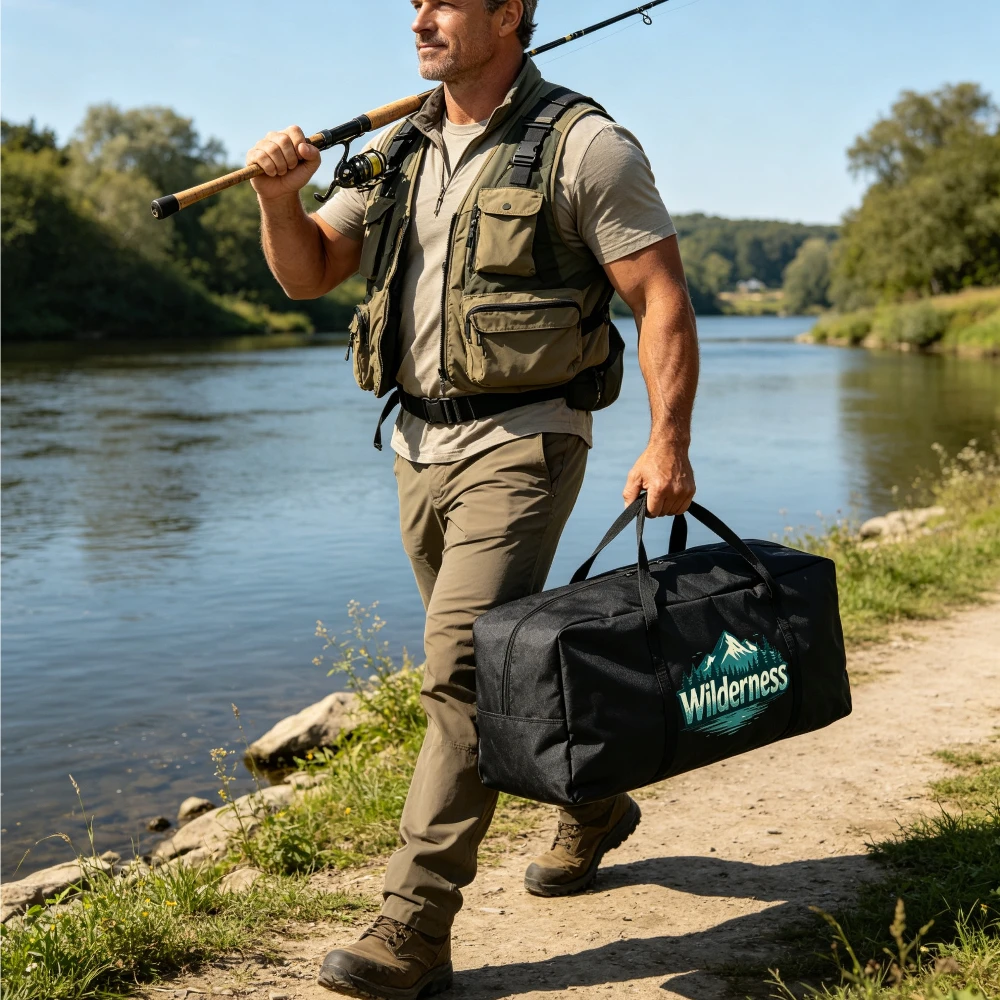 Sac de pêche grande capacité à imprimé nature sauvage, imperméable, portable, pour le camping en extérieur, sac de rangement, sac de voyage