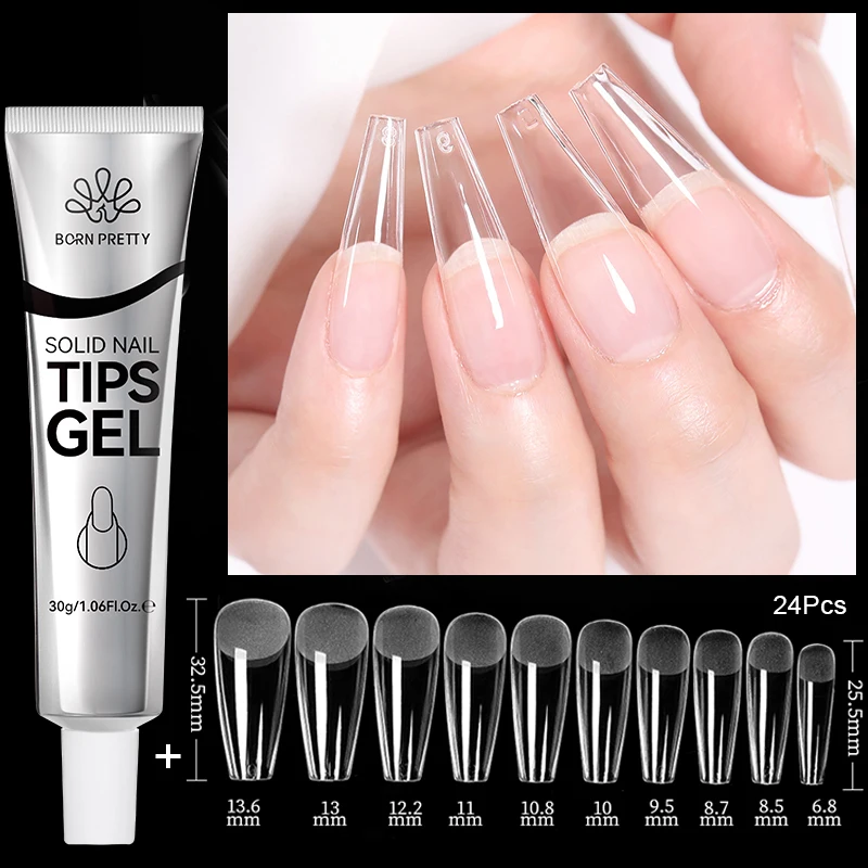 BORN PRETTY 30ml Solid Nail Tips Gel with 24Pcs Nail Tips Soak Off Long Lasting Fake Acrylic Nails Extension Nails Tips