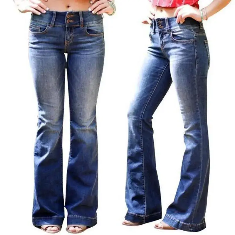 

Sexy Slimming Bell Bot Jeans Women's Denim Pants Double Row Buttons Faionable Commute Sle High Elastic Cotton Blend