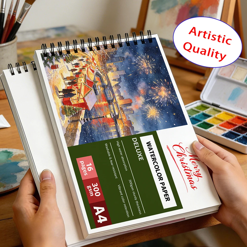 Watercolor Art Notebook, Spiral Bound Paper Pad, 300gsm Heavy Weight Paper,16 Sheets, Xmas Gift for Artists, Students & Hobby Pa