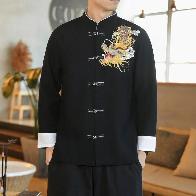 Chinoiserie Tops Traditional Chinese Hanfu Fashion Tang Suit Dragon Embroidery Shirt Loose for Men Clothing Vintage Long Sleeve