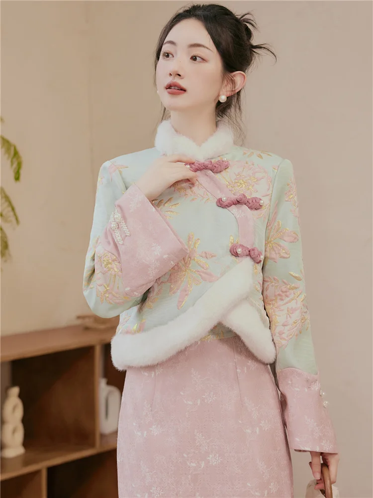 2 Pieces Set Chinese Style Vintage Women Fur Collar Patchwork Dobby Floral Coat , Woman Cheongsam Padded Coats Skirt Sets