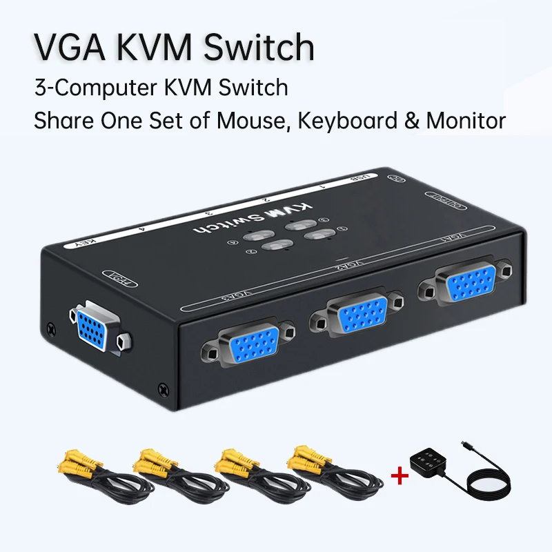 

3-Port VGA KVM Switch 3-in-1 Out for PC Laptop DVR Share Keyboard Mouse Monitor USB Devices Printers Flash Drives