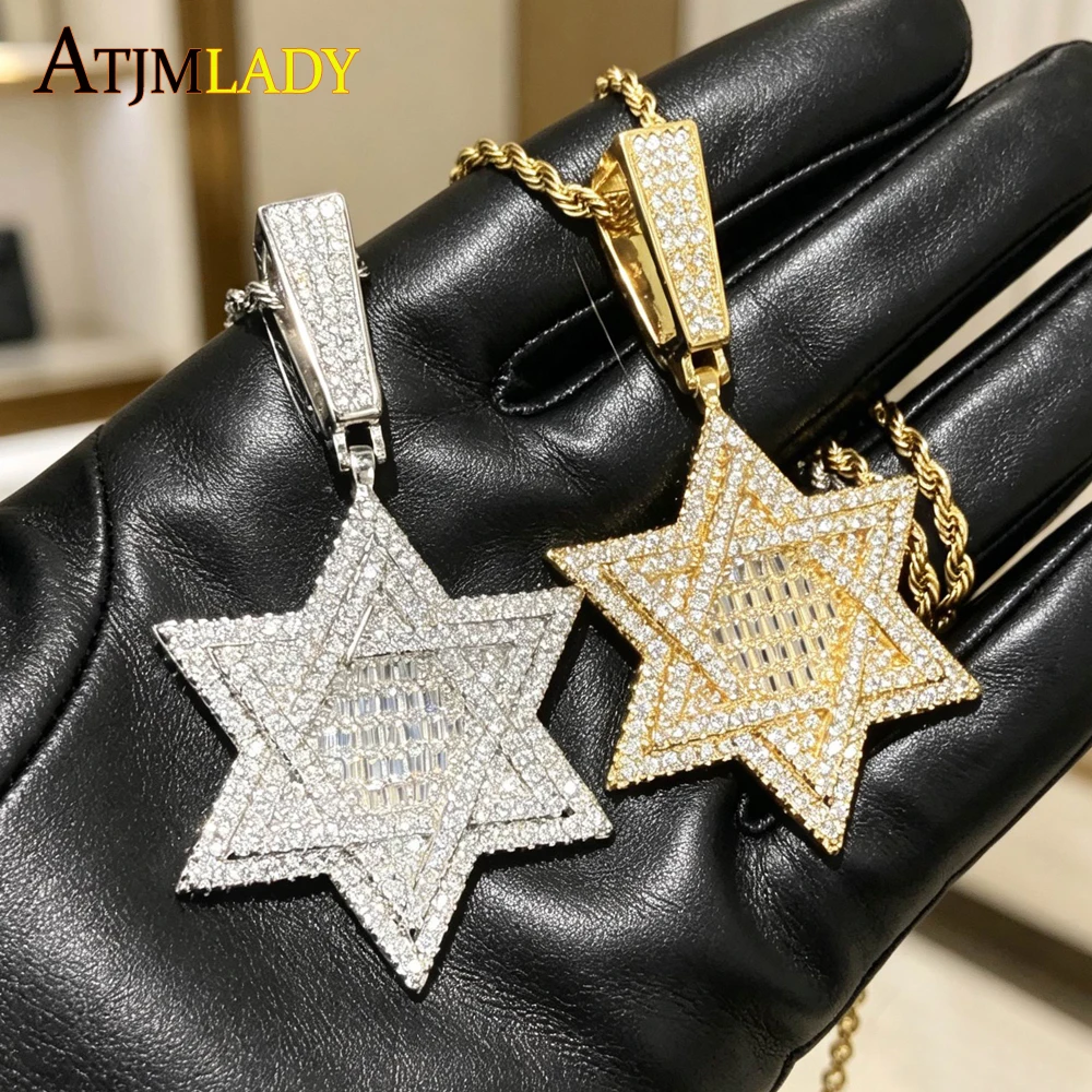 2026 Unisex Iced Out Cubic Zirconia Gothic Star of David Pendant Necklace Gold Color Rope Chain Hip Hop Men Women Jewelry