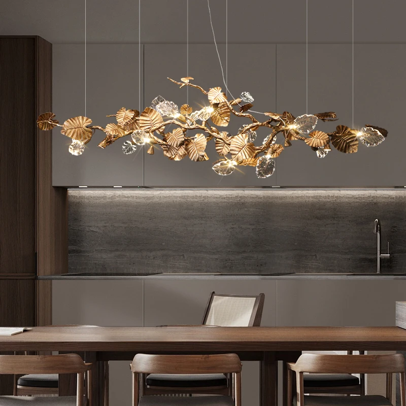 

LED Gold Leaf transparent shape Light Luxury Retro Restaurant All Copper Chandelier Designer Bar Long Table Modern Simple Lamps