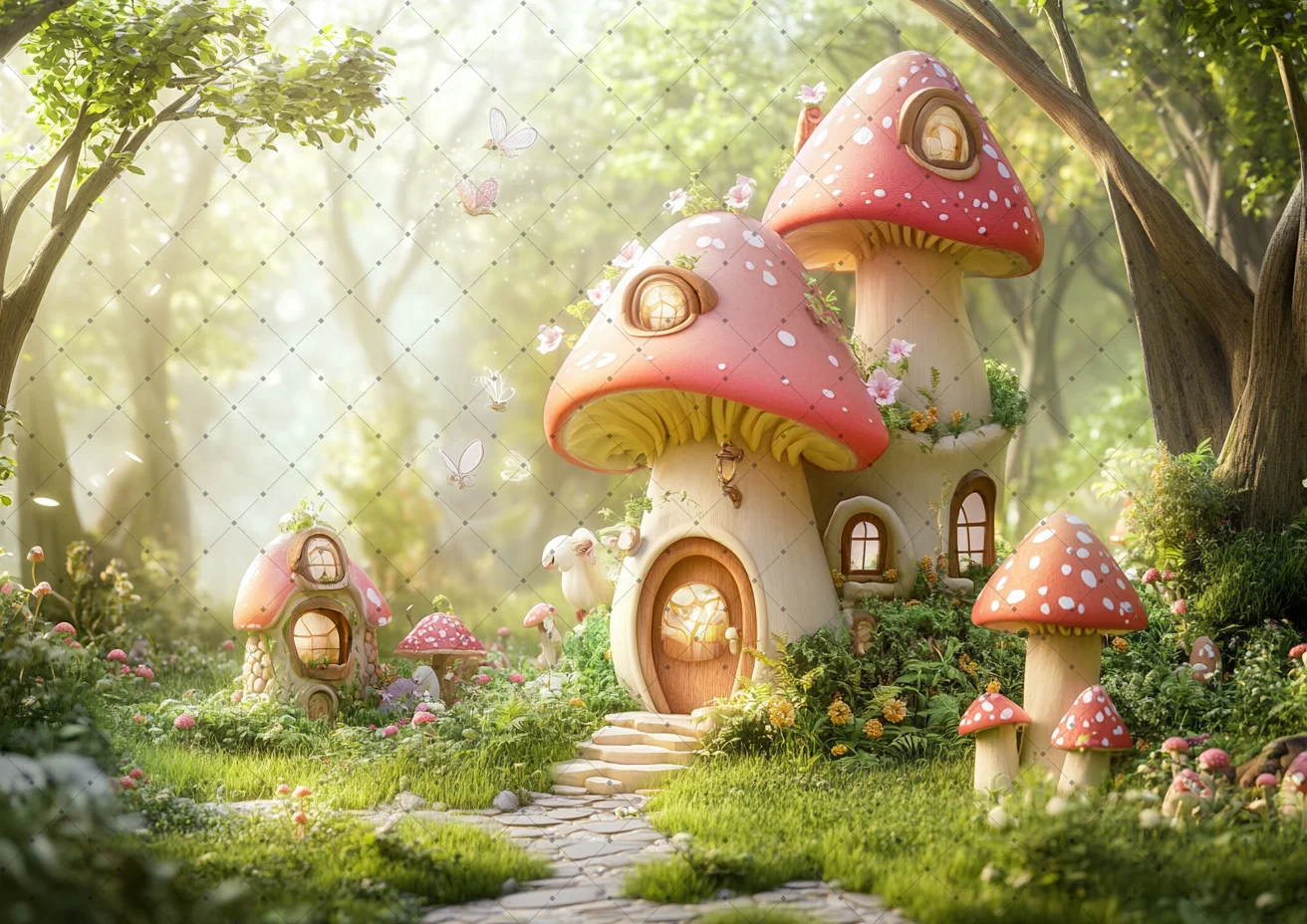 ฉากหลังงานปาร์ตี้วันเกิดธีมเทพนิยาย ป่าธรรมชาติในฝัน พร้อมเห็ด สำหรับถ่ายภาพในสตูดิโอ