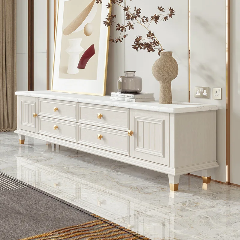 

Light luxury American marble TV cabinet coffee table combination all solid wood white small apartment living room storage floor