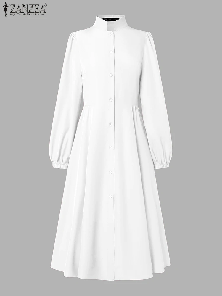 ZANZEA-Robe mi-longue à col montant pour femme, chemise à manches lanterne, robe évasée, streetwear décontracté, printemps, éducatif, 2025