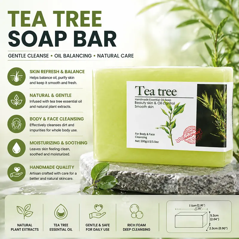 Organic Tea Tree Soap Bar, Oil Balancing, Gentle Daily Cleansing For Sensitive Skin, Moisturizing Body Bath Cleaning Soap Bar