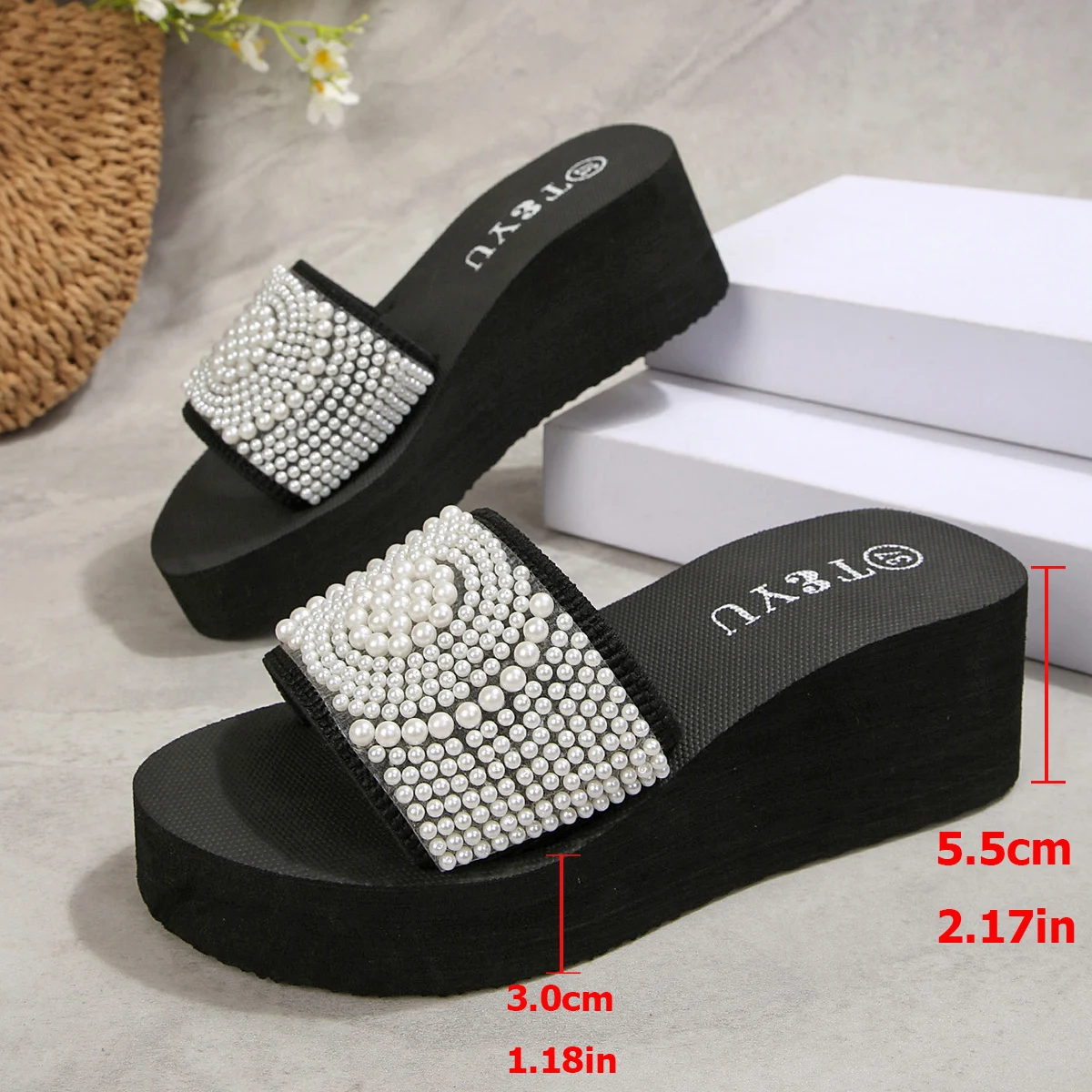 Elegant Ladies Pearls Wedge Slippers Summer 2026 Chunky Platform Heels Sandals Women Beach Vocation Anti Slip EVA Slippers Shoes view 6