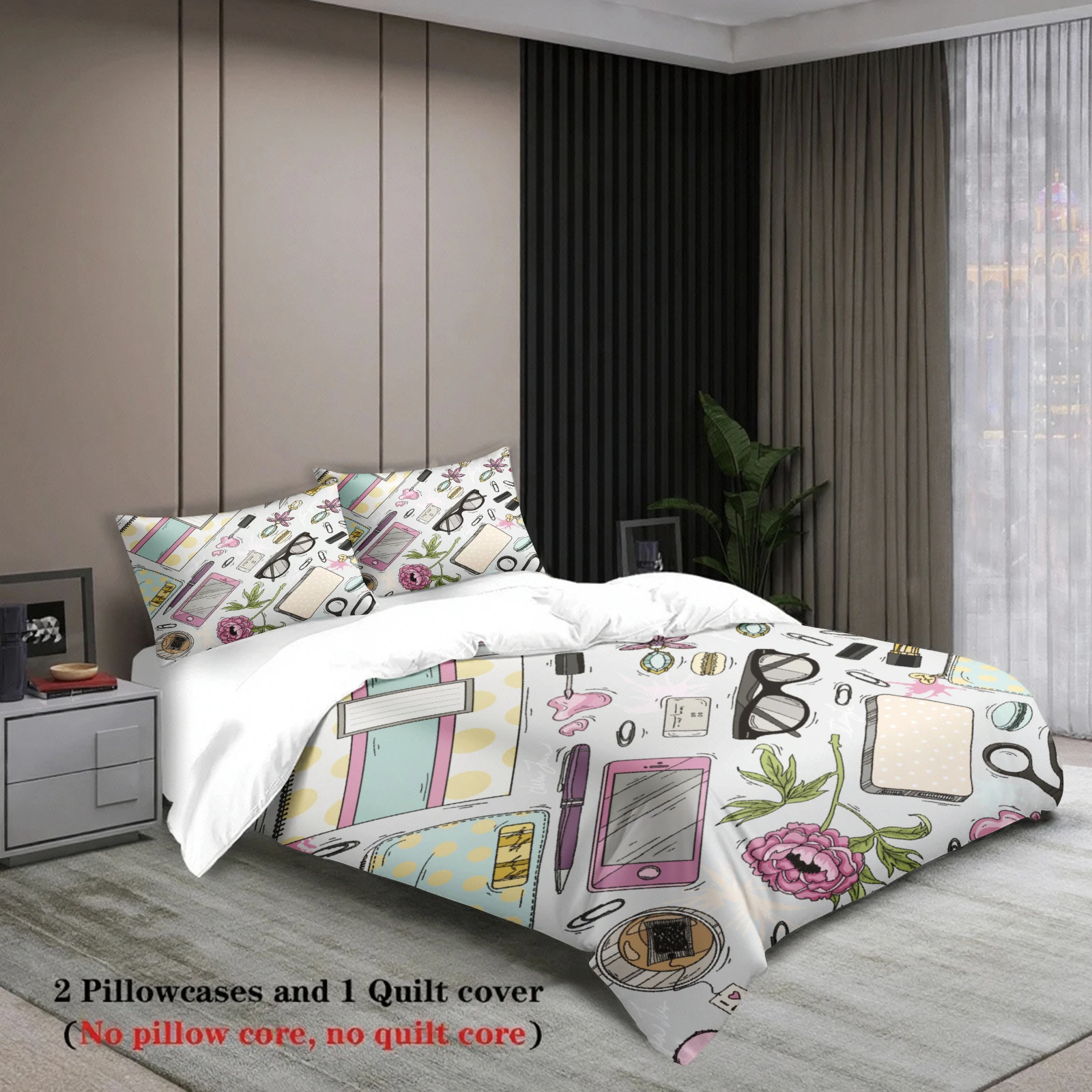 3pcs Fashion Bedding Sets 3D Printed Stationery And Flowers Duvet Cover Sets With Pillowcases No Filling