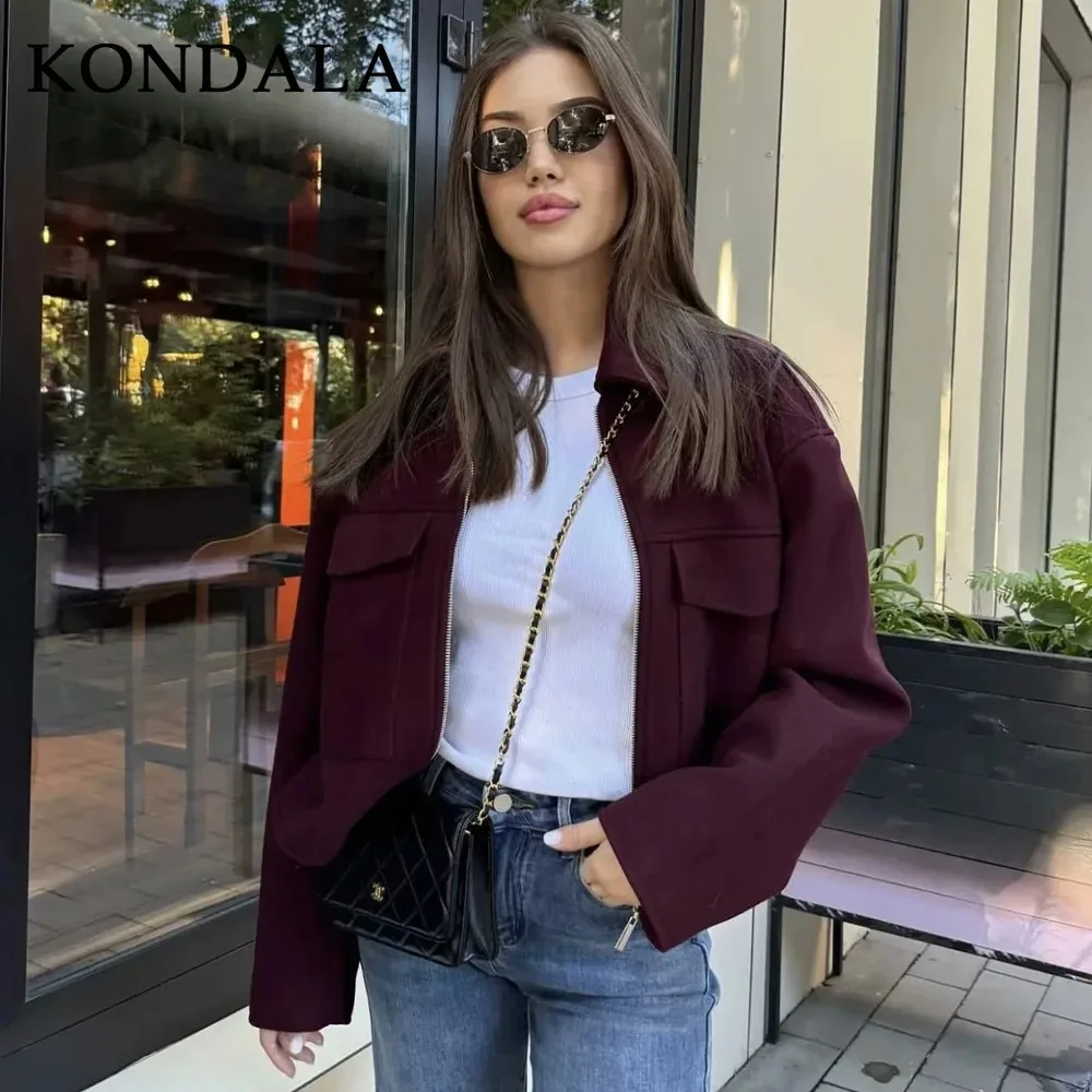 

KONDALA 2025 Fall Winter Casual Women Wine Red Jackets Fashion Streetwear Zipper Pockets Turn Down Collar Chic Ladies Jackets