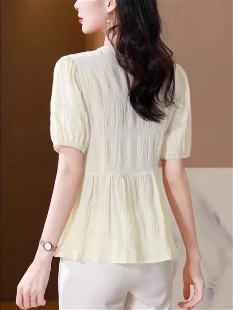 Loose Blouses Summer Cardigan Top For Women Short Sleeve Shirt Belly Covering Top Woman Pleated Tunic Slim Shirt Grace Female image 2