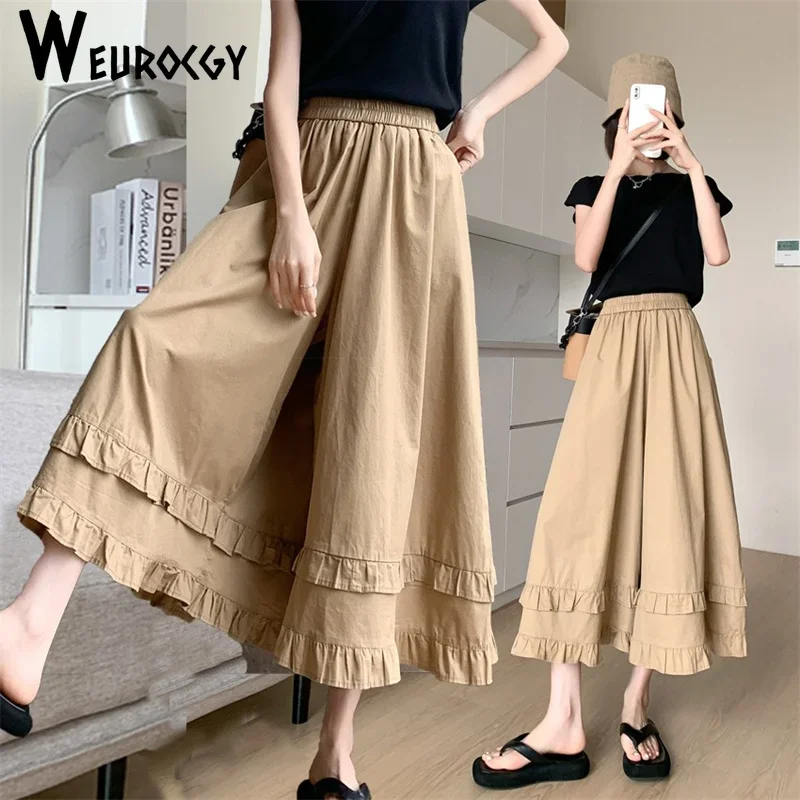 

Women Pants 2024 Summer Korean Edition Casual High Waist Flower Edge Design Sweet Loose And Slim Nine-Point Wide-Leg Pants