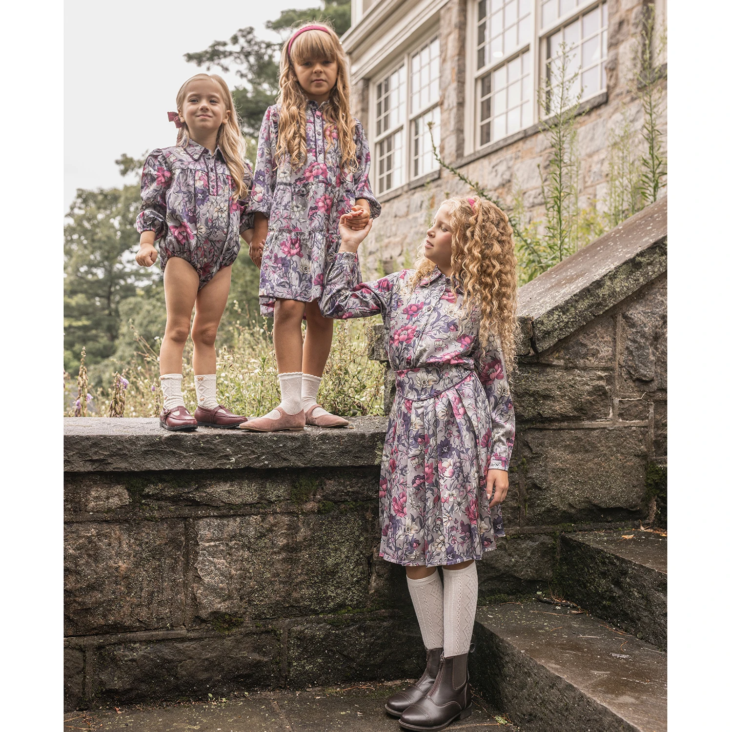 AP Purple Floral Satin Collection AW26 Girls Floral Printing Satin Dress Knitting Cardigan Cute Baby Romper