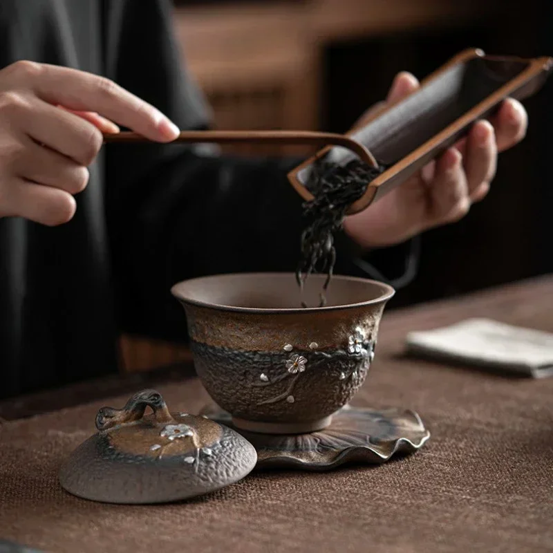 Japanese-style Gilt Iron Glazed Plum-blossom Covered Bowl Tea Cup Ancient Fired Handmade Rough Pottery Gaiwan Teaware Kitchen