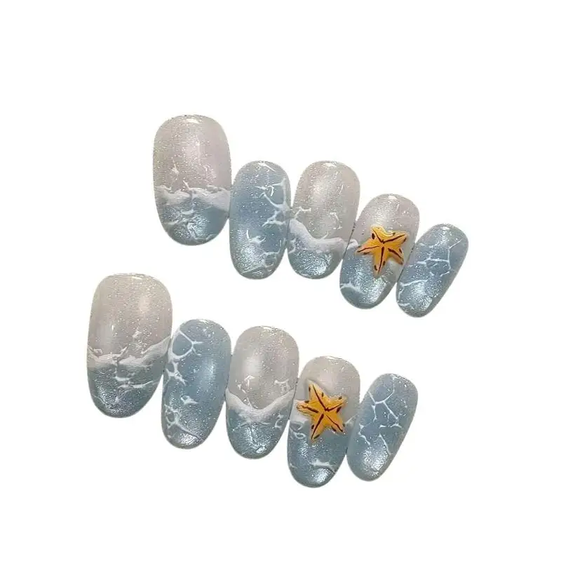 Handmade Press On Nails Summer Wave Ripple Starfish Full Coverage Nail Tips For Women&Girl Detachable Wearable Nail Art