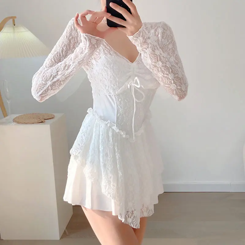 Summer Conjoined Body Long Sleeve Spliced Lace V-Neck Drawstring Sexy Conservative Women's Clothing Slimming Fashion Swimwears