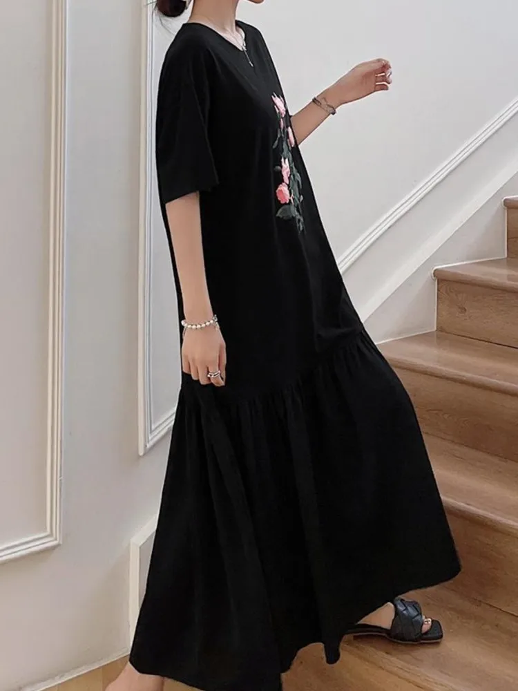 فستان نسائي كوري جديد صيفي كبير الحجم من فيستدوس رداء Elbise فضفاض مرقع هيم طباعة كم قصير فستان طويل فيستدوس