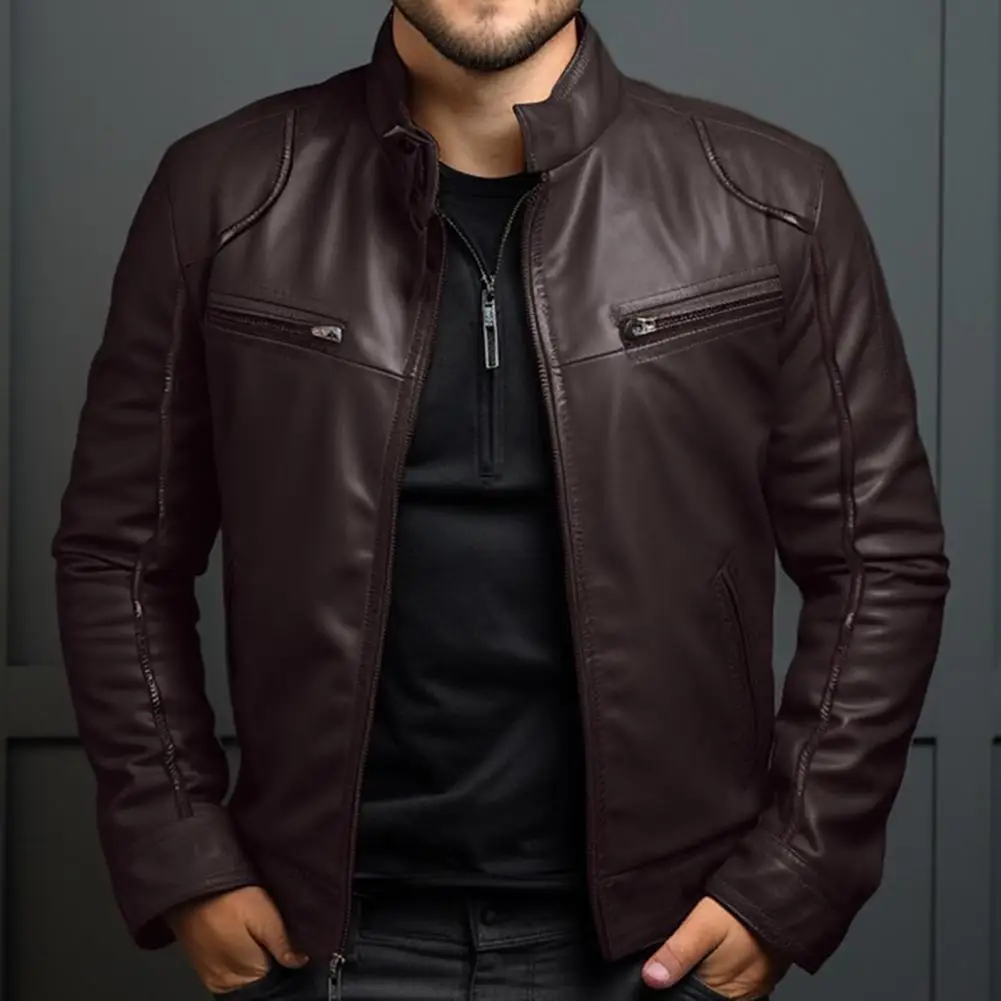 

Men Zip-up Jacket Men's Faux Leather Stand Collar Jacket with Zipper Placket Pockets Stylish Outwear for Daily Wear Solid Color