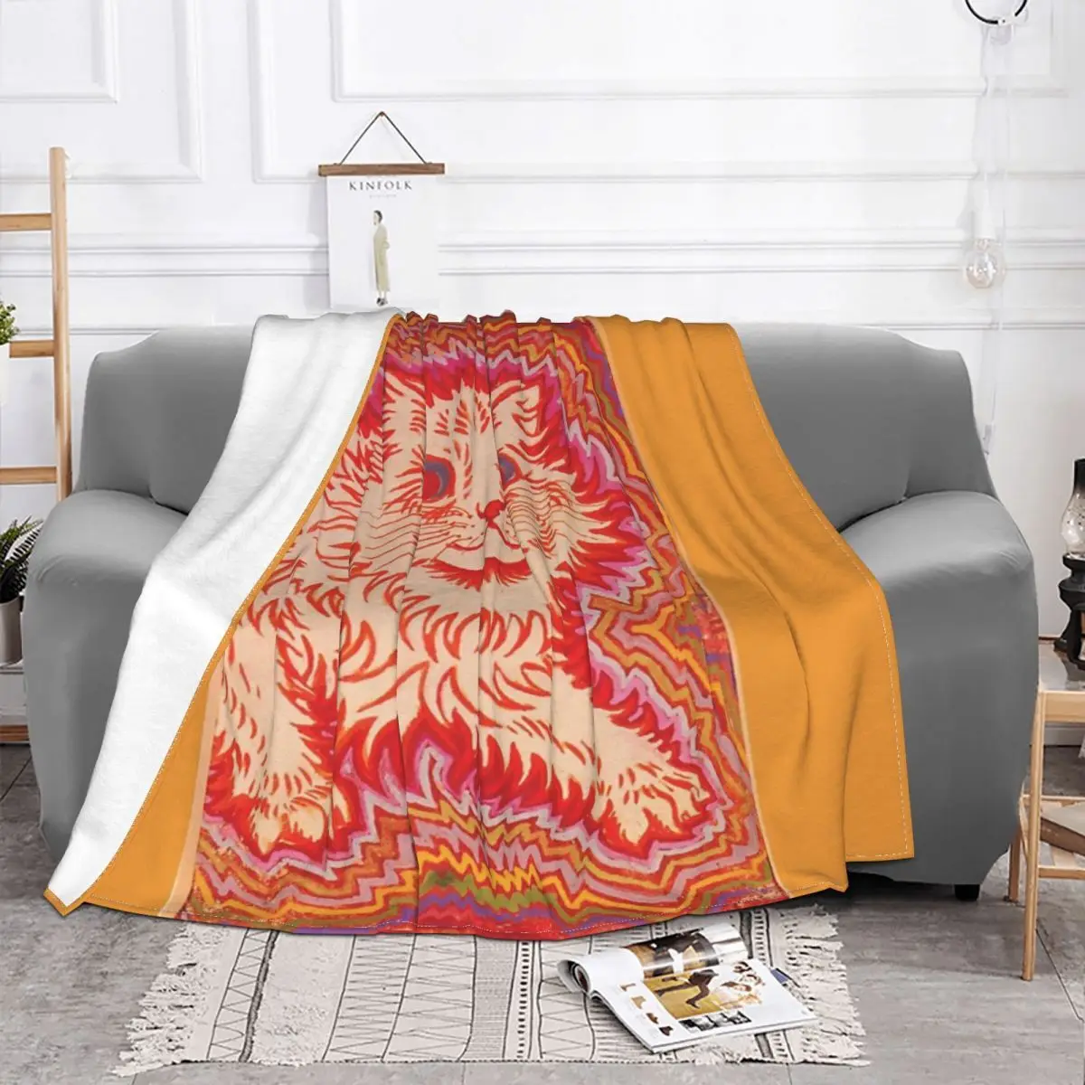 Louis Wain Orange Psychadelic Cat Plush Blankets Blankets & Throws Blankets And Throws Throw Blanket