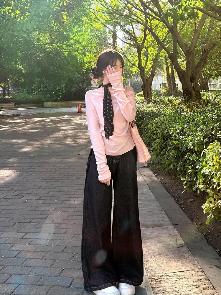 Retro-Tiefblaue Damenjeans mit hoher Taille, lockere Hose mit weitem Bein, Frühlingsdesign, schlankmachende, drapierte, bodenlange Hose