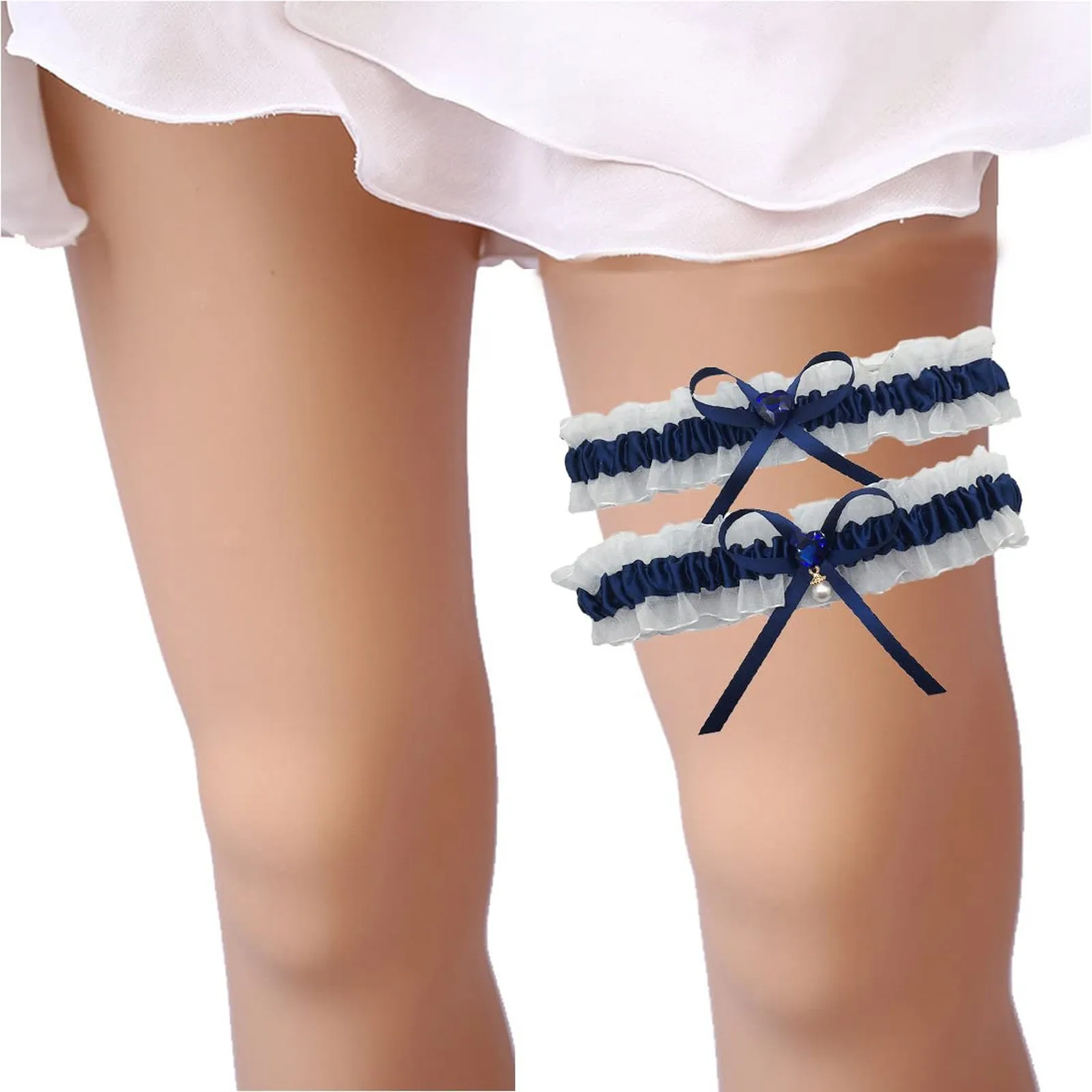 1 Pair Blue Wedding Garters Elegant Elastic White Lace Bridal Garter For Weddings Wedding Accessories With Bows Charms For Women