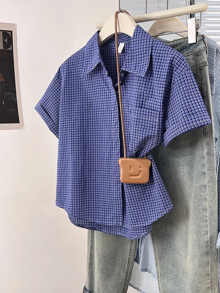 

Retro Klein Blue Plaid Silk Women's Summer irt Thin mat Design f Sve Collar Top Korean Sle Straight Cut