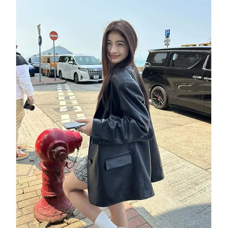 Bla PU Leather Jaet Women's Loose Hong Kong Sle Spring Autumn New Design High-End Feel Street Faion Retro Suit Coat
