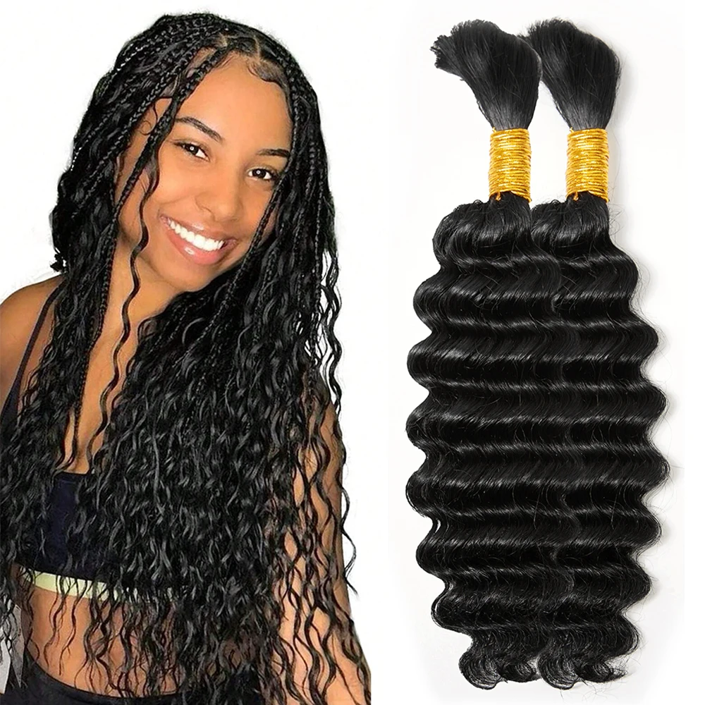 

2 Pcs Bundles Human Braiding Hair for Boho Braids 16 Inch Brazilian Virgin Deep Wave Bulk 100% Natural Human Hair for Braiding