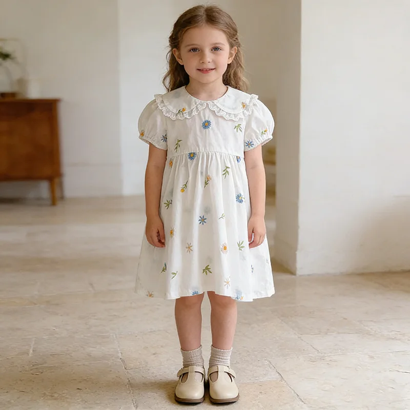 Girls Dress Korean Summer New Cotton Embroidered Flower Short Sleeve Girls Dress Versatile Cute Dress
