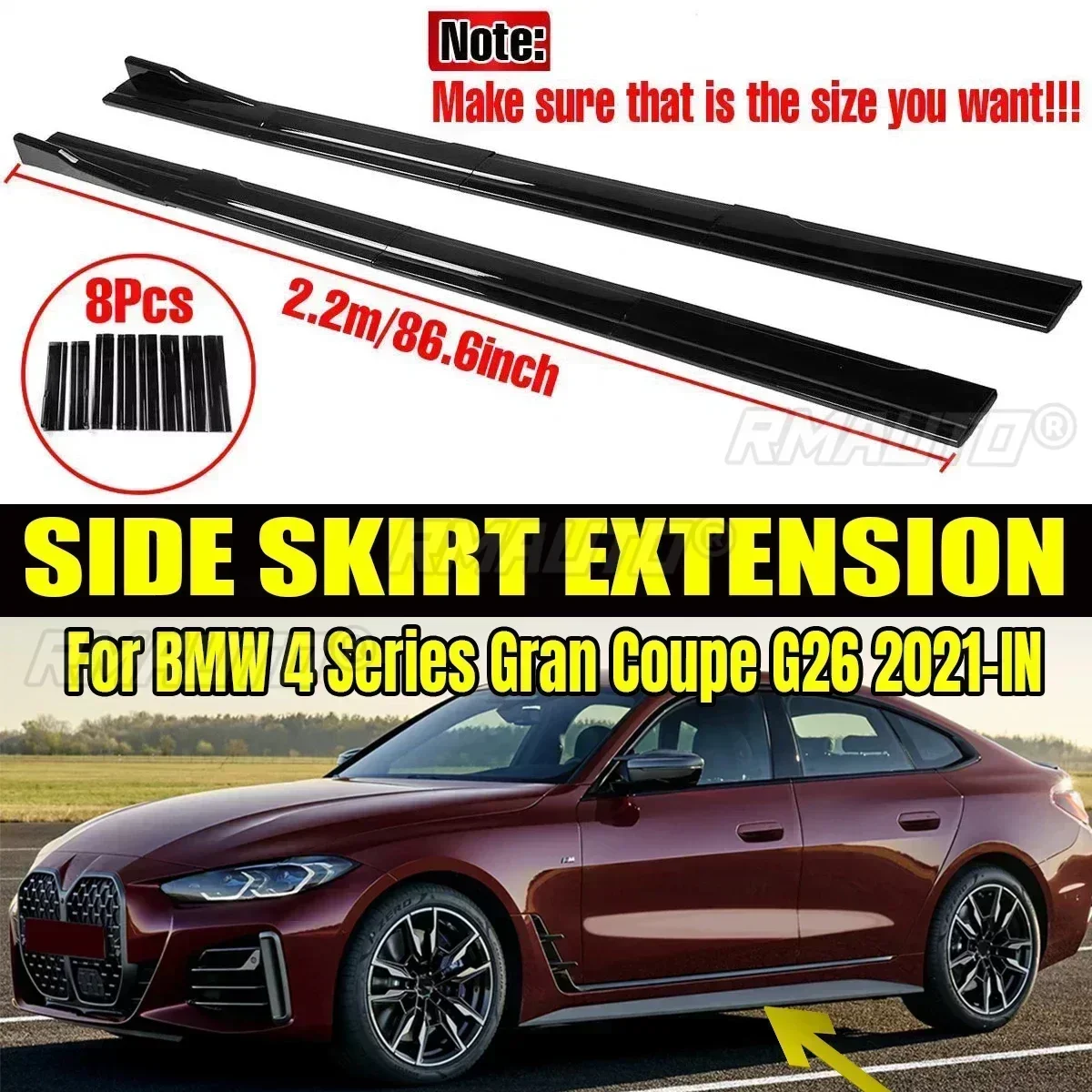 High Quality ABS 2.2m Side Skirts Extension Rocker Splitters Diffuser Winglet Wings for For BMW 4 Series G26 Gran Coupe 2021-IN