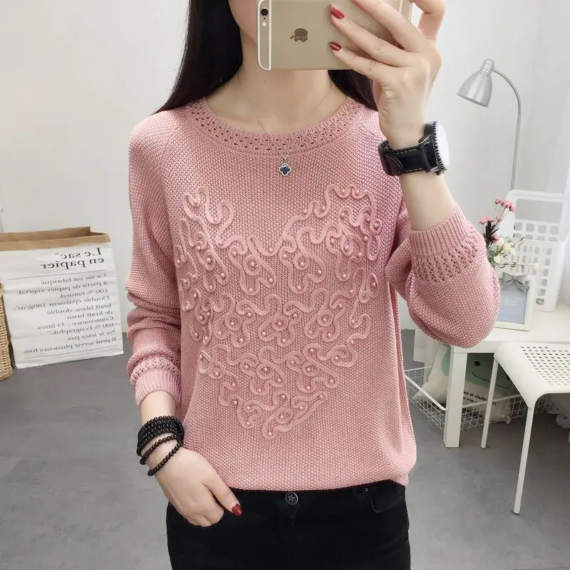 Autumn Winter Loose Solid Color Fashion Beading Patchwork Sweaters Women\'s Clothing All-match Round Neck Knitted Tops for Female