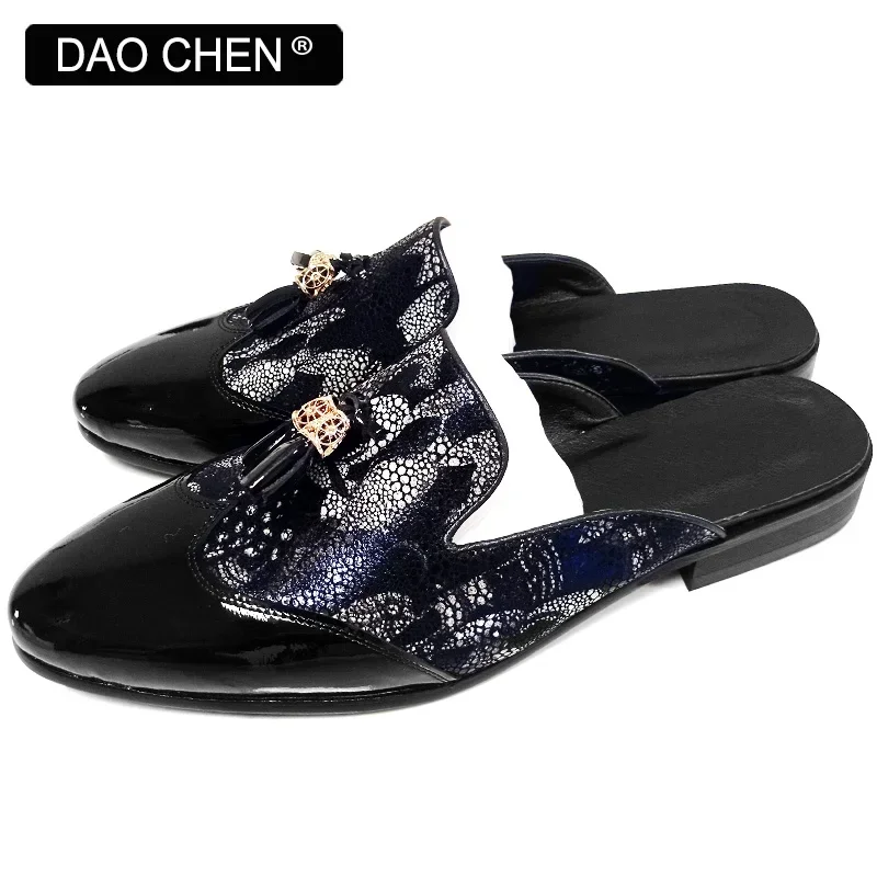 LUXURY BRAND MEN LEATHER SHOES BLACK BLUE FLOWER FIGURES CASUAL MENS DRESS SHOES SUMMER COMFORTABLE HALF SHOES FOR MEN