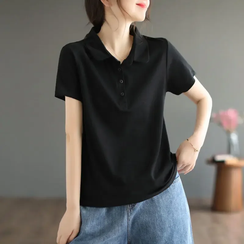 2023 Summer New Pullover Female Clothing Fashion Solid Polo Loose Short Sleeve Cotton Tee T-shirt Women's Casual Vintage Tops