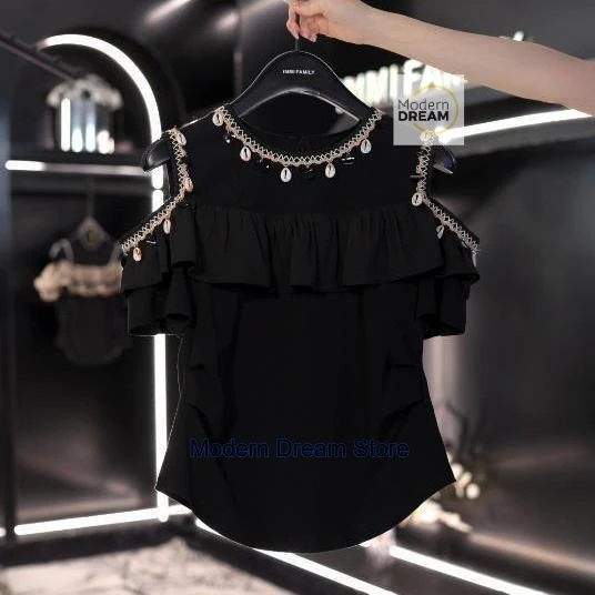

French high-grade sequins decorated with ruffled off-the-shoulder short-sleeved T-shirt women's summer new fashion slim top.