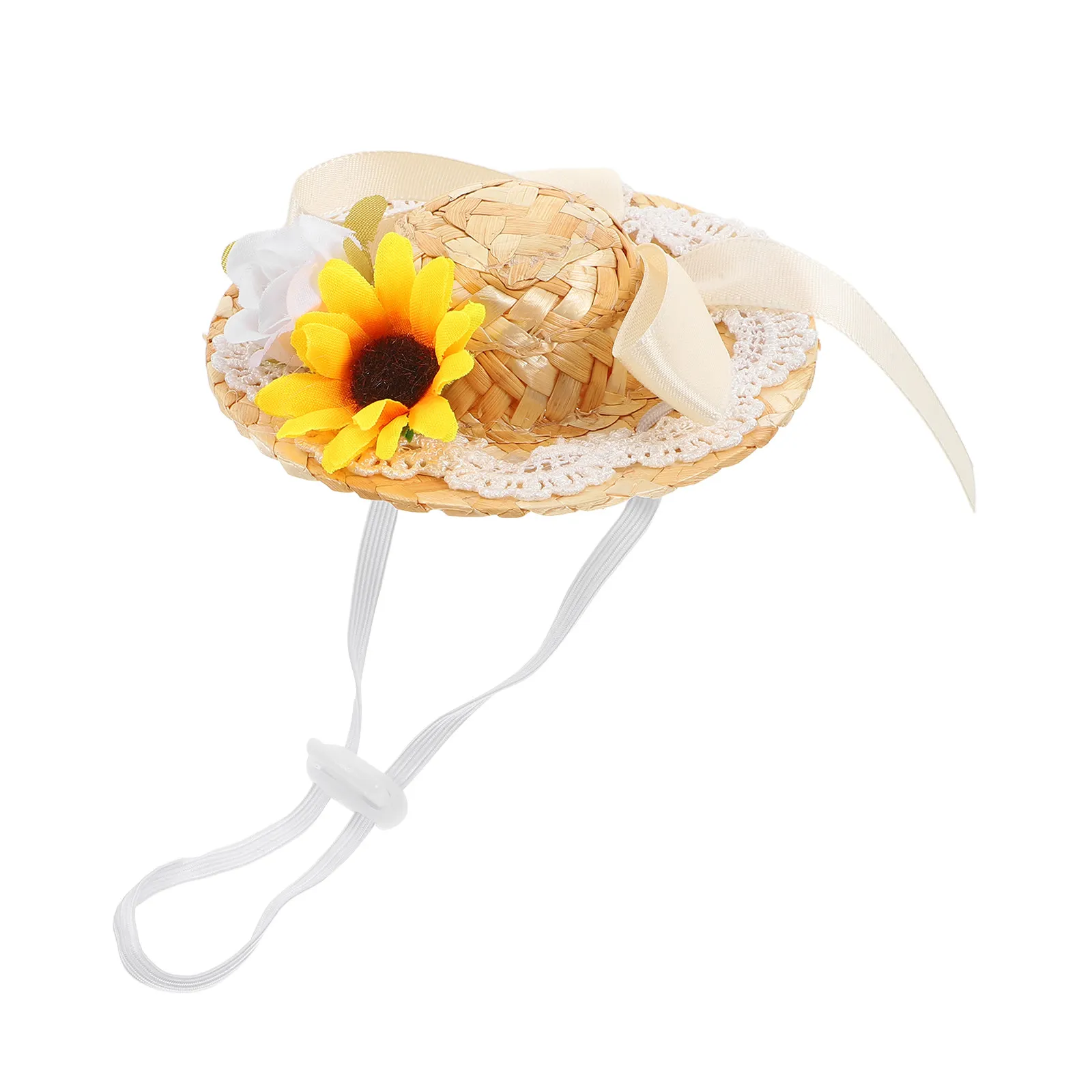 Mini Chapéu Trançado para Acessório de Verão com Laço e Flor Artificial, Charmoso e Elegante, Material de Rattan Resistente, 4Cm de Diâmetro Interno