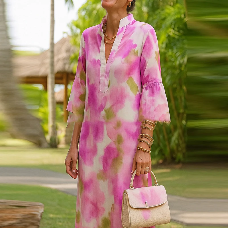 Womens Elegant Floral Print V-Neck Boho Dress Spring Retro Half Sleeve Loose Long Dress Summer Casual Side Split Commuting Dress