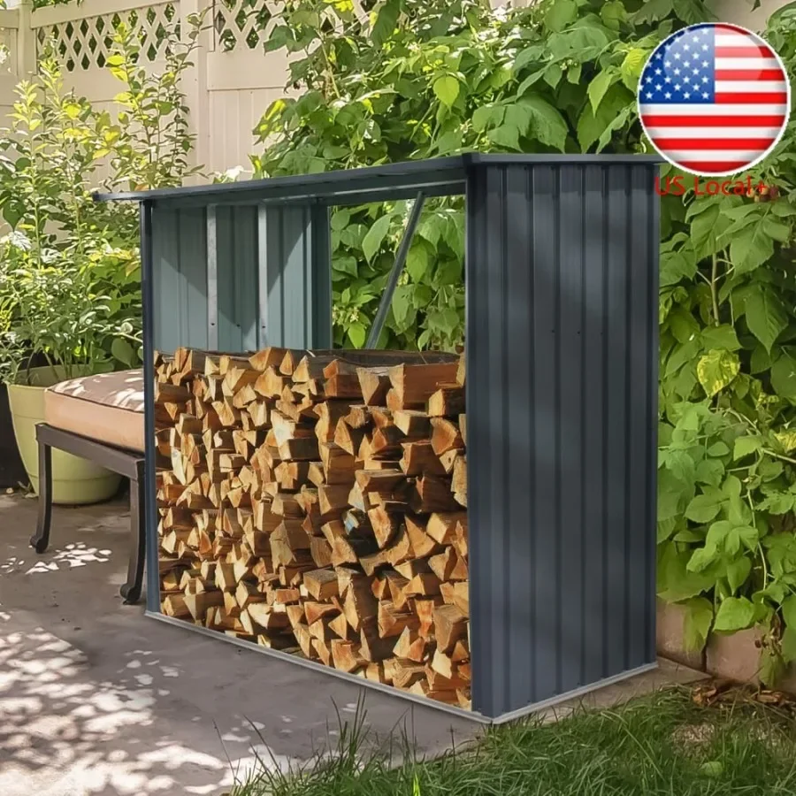 Outdoor Steel Firewood Rack for Firewood, Pellet, or Lumber Storage Black, Open Shed with Sloped Roof, Rust-Resistant Heavy-Dut