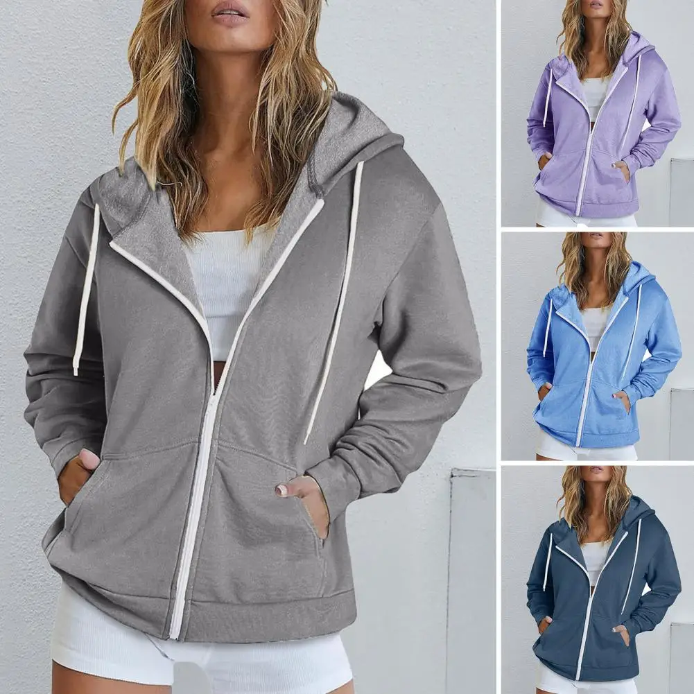 Fall Women\'s Coat Hooded Drawstring Long Sleeve Pocket Zipper Elastic Cuff Hem Loose Sports Hoodie Casual Wear Jacket