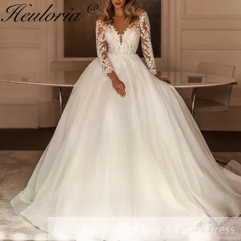 HEULORIA Princess Wedding Dress long sleeve V neck bride dress plus size robe de mariee Lace beading Wedding Gown court train