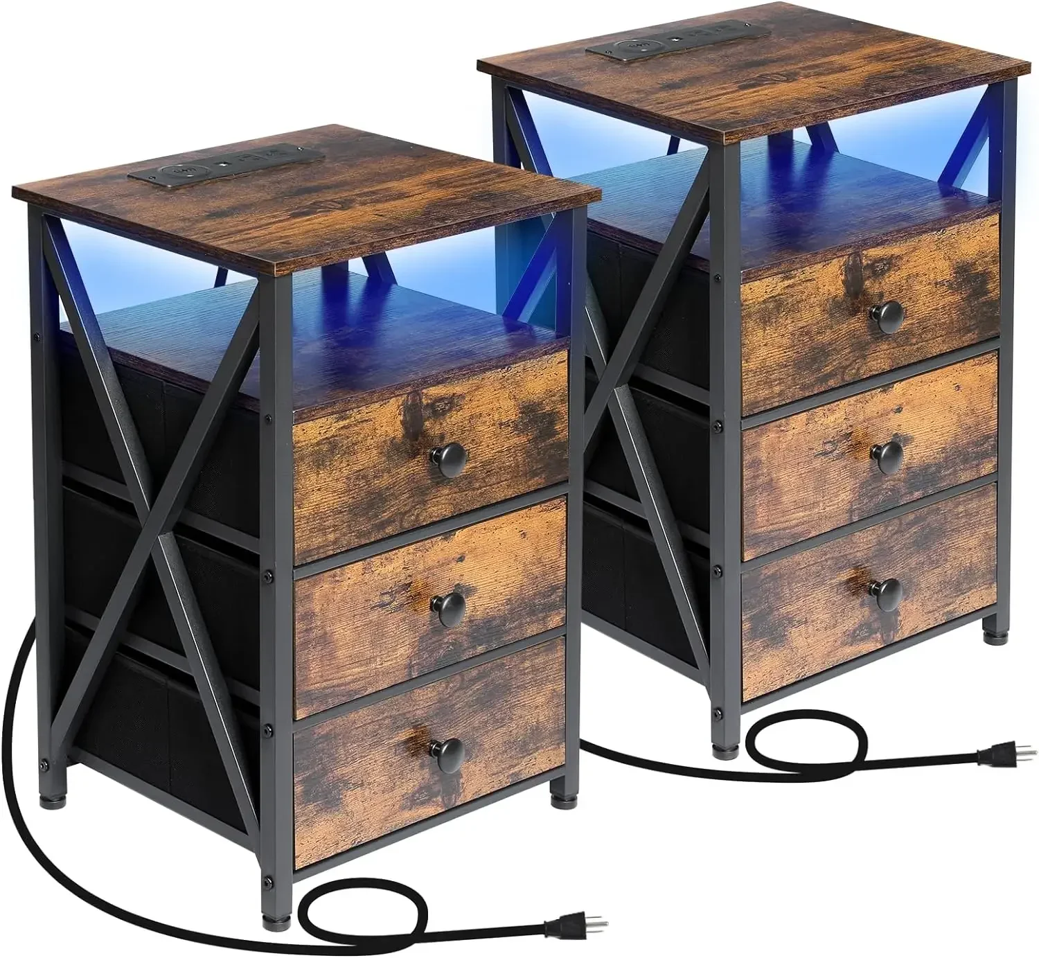 Nightstands Set of 2, LED Night Stands with Charging Station, End Side Tables with USB Port & Outlet