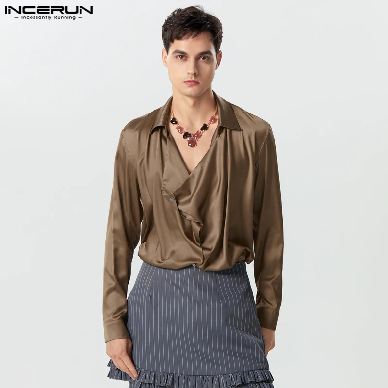 

INCERUN Tops 2023 American Style New Mens Swing Collar Satin Glossy Shirts Casual Party Shows Hot Sale Long Sleeved Blouse S-5XL