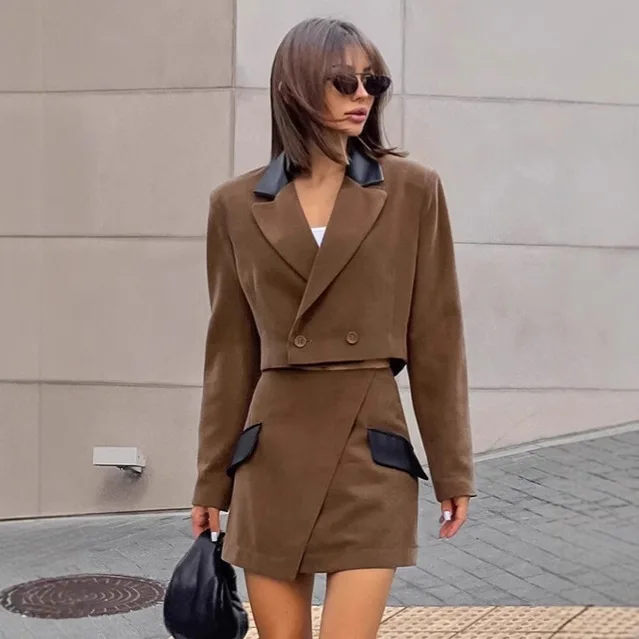 

Vintage Brown Autumn Women's 2 Piece Sets Lapel Collar Two Button Short Lady's Jacket High Waist Patchwork Mini Skirt For Female