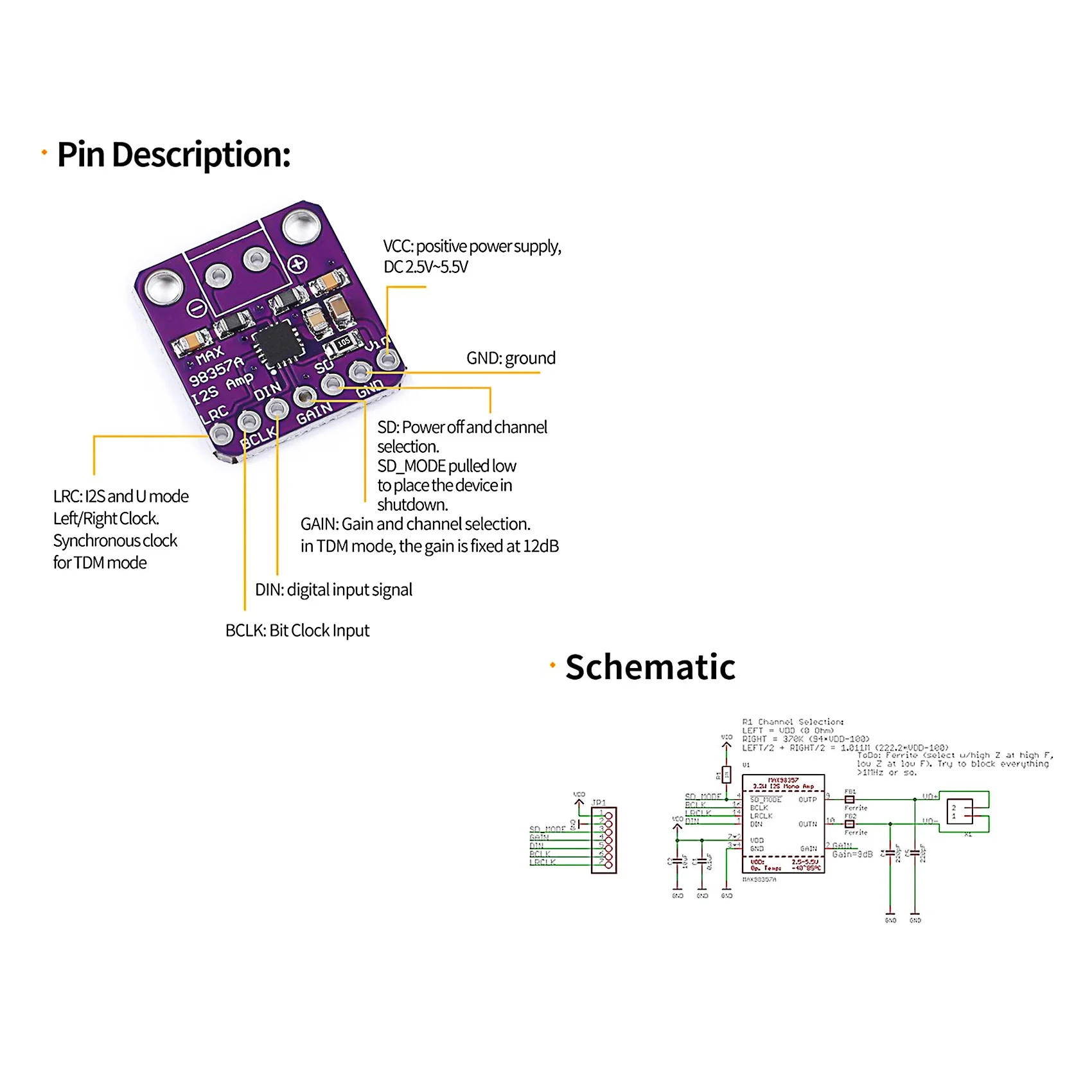 Amplificador Max98357 I2S 3W clase D, interfaz de ruptura, Módulo Decodificador Dac, placa de Audio sin filtro para Raspberry Pi Esp32