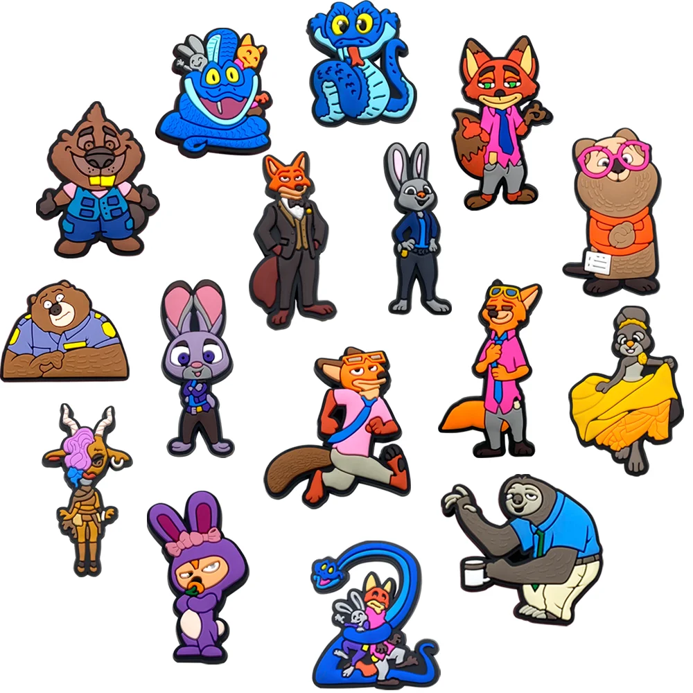 Juego de 16 adornos para zapatos DIY de Zootopia con botones para decoraciones de PVC, compatibles con sandalias tipo Bubble Slides