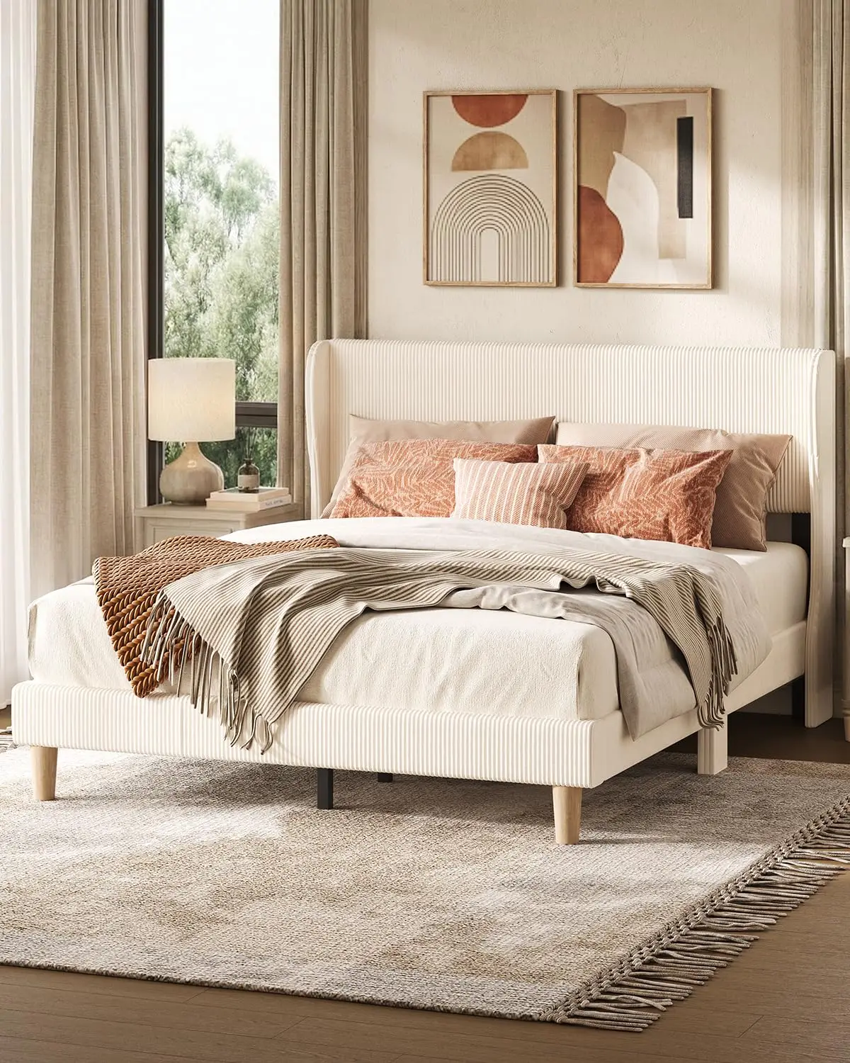 Wingback Upholstered Queen Bed Frame with Button Tufted Headboard & Wooden Slats Support, Customized