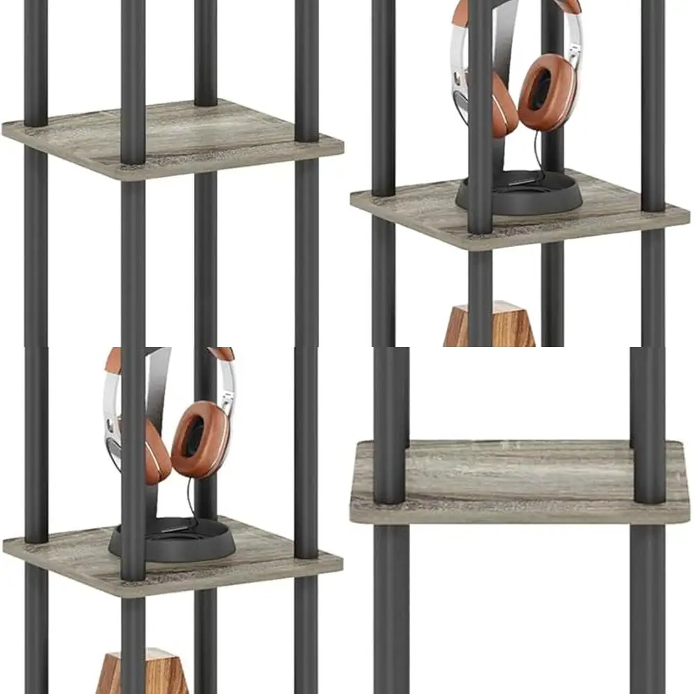 FURINNO 5-Tier Corner Square Rack, Round Design, French Oak Grey/Black Finish