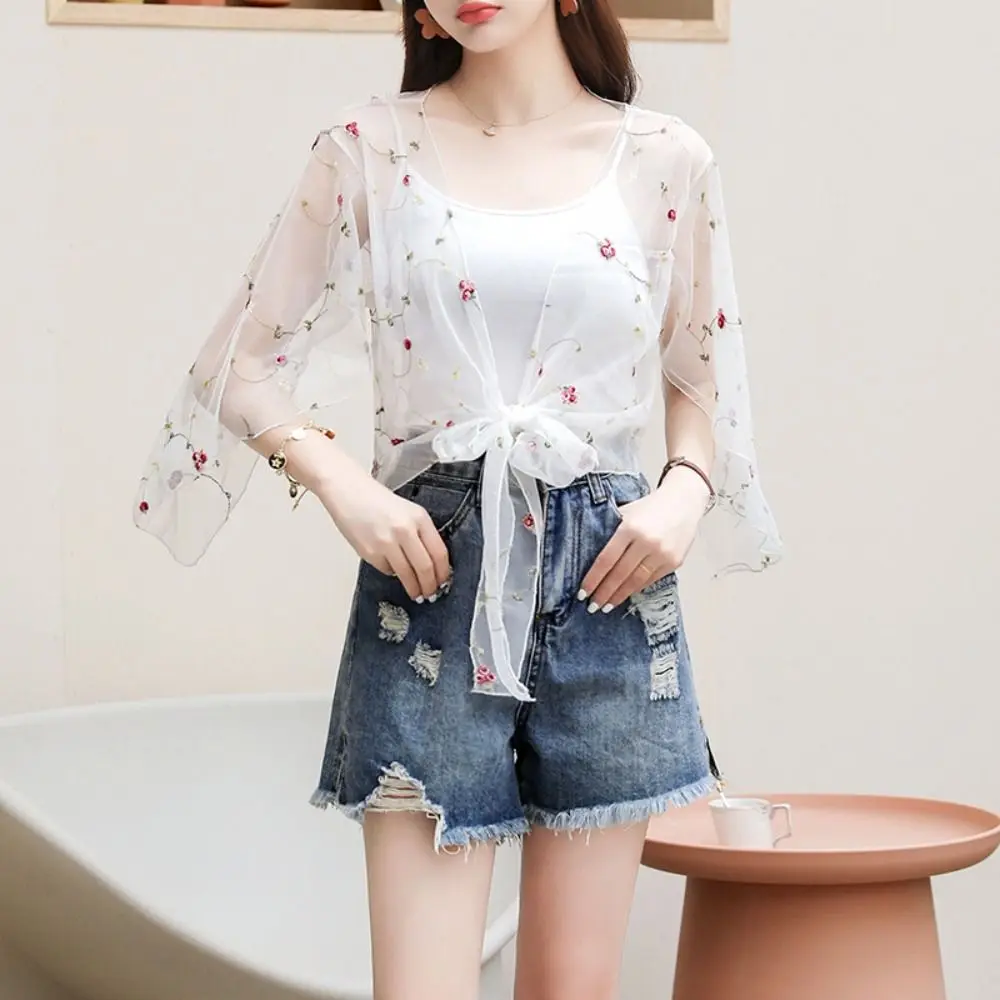 Embroidery Chiffon Small Shawl Jacket Flower Knot Chiffon Cardigan Shirt Loose Blouse Beachwear Sun Protection Cardigan Tops