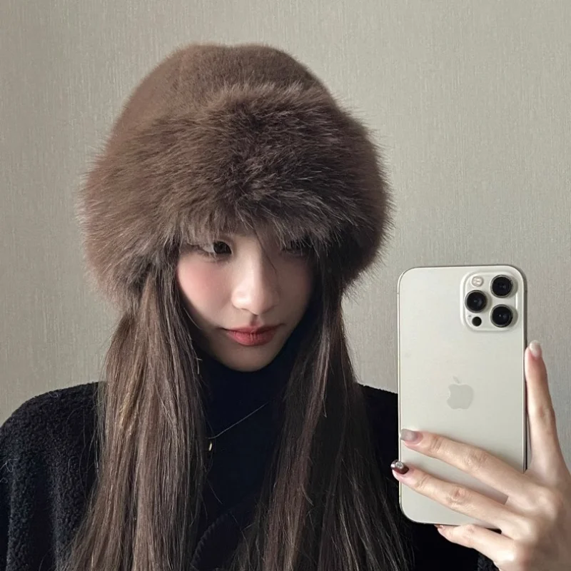 

2026 Winter Faux Fur Bucket Hat for Women, Plush Warm Fisherman Cap, Thickened Mongolian Style Winter Hat, Solid Color Luxury